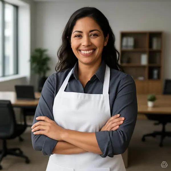 Two window cleaners are suspended by ropes, working on cleaning the glass windows of a tall building. Each cleaner is equipped with tools and a bucket, skillfully moving along the facade with safety harnesses. The building features reflective blue-tinted glass panels, creating a striking geometric pattern.