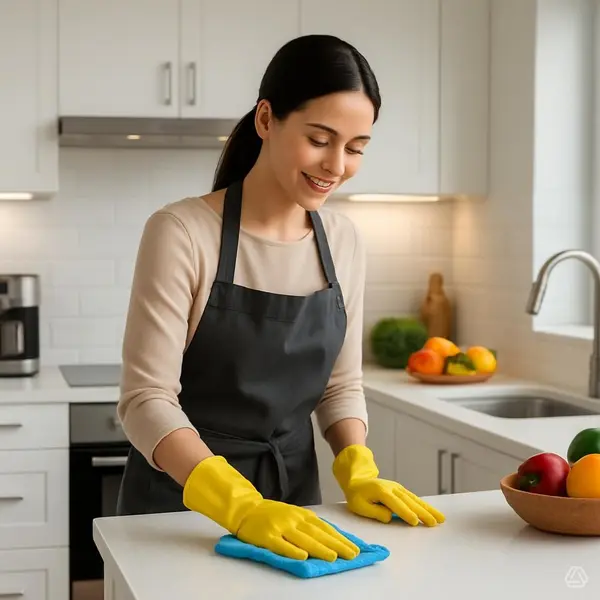 A tiled floor with visible dirt and cleaning solution being cleaned by a circular floor cleaning machine. The tiles are light brown with noticeable dirt in the grout lines. The cleaning machine has a blue and black circular head connected to a metal handle and hose.