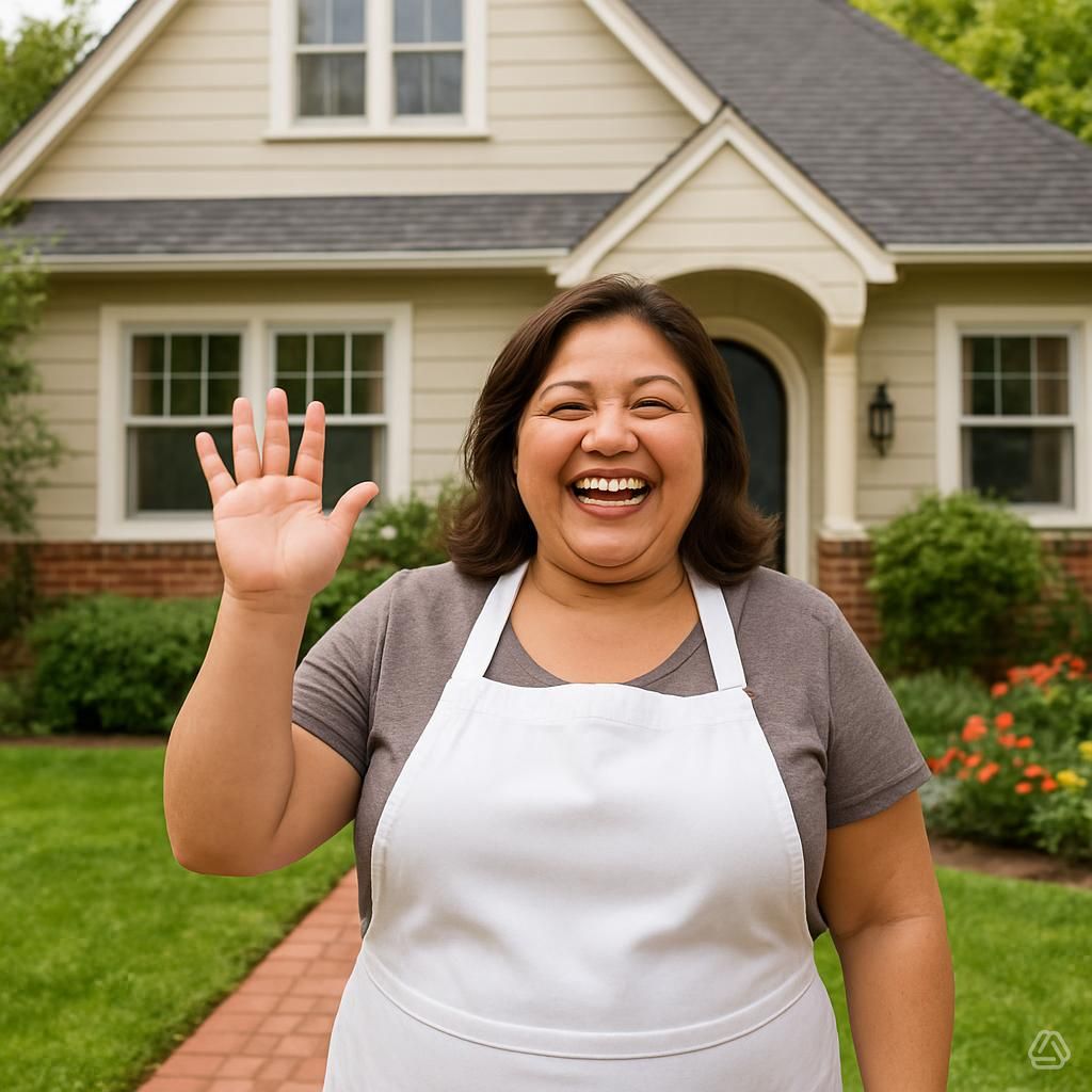 A person cleaning a swimming pool using a long pole, surrounded by patio furniture and large umbrellas on a sunny day. In the background, lush green trees and a blue sky are visible, creating a serene outdoor atmosphere.